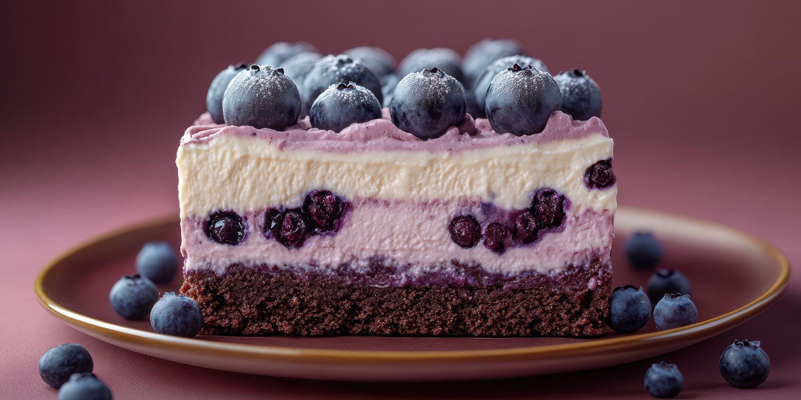 Delicious layered dessert with blueberries on top served on a plate